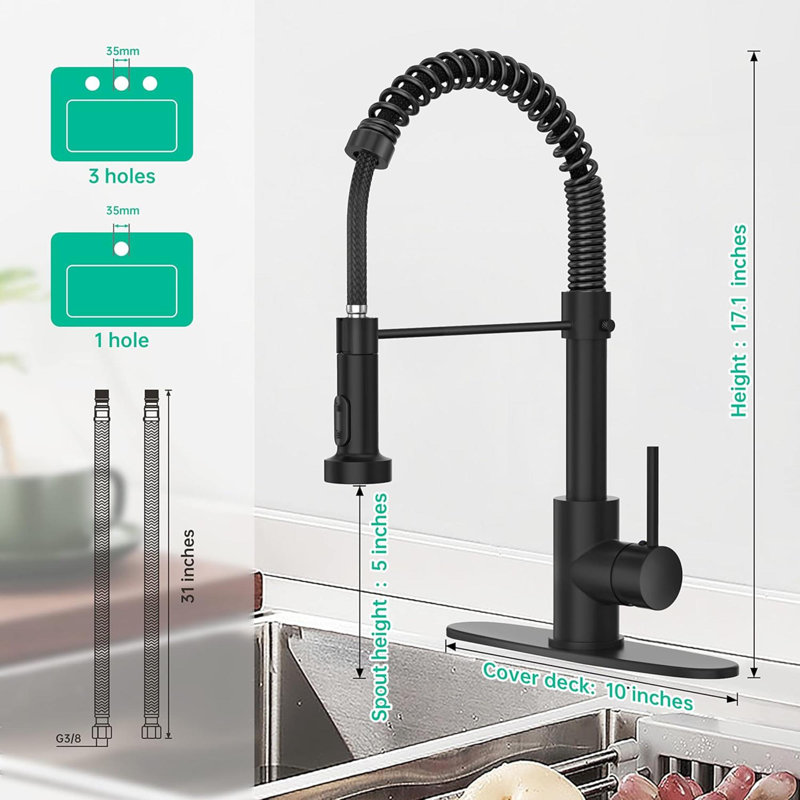 Robinets de cuisine avec pulvérisateur rétractable, robinet d'évier de cuisine à ressort avec table de montage de 10 pouces compatible avec 1 ou 3 trous