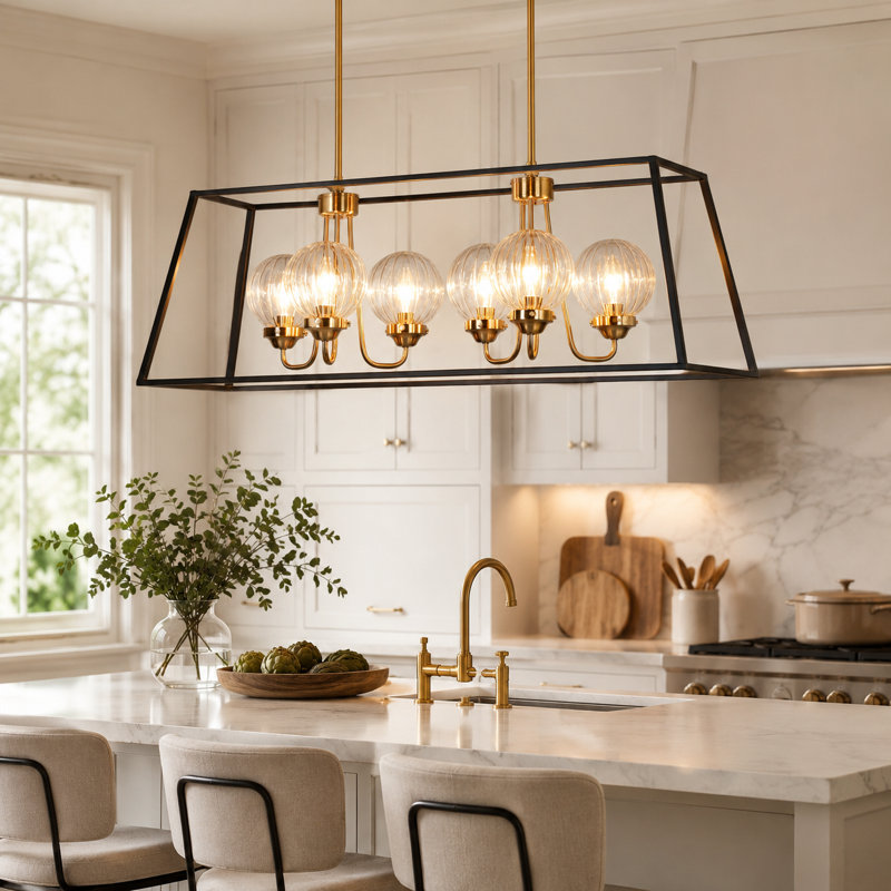 Yedidal 6-Light Dimmable Black Square / Rectangle Kitchen Island Pendant with Ribbed Glass Shade