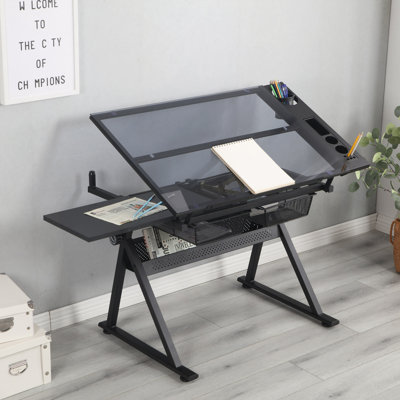 Table à dessin, table d'artiste à plateau en verre réglable de 0 à 75 ° - Bureau de dessin à hauteur réglable avec grand rangement pour la peinture et l'artisanat - Idéal pour les designers et les étudiants en art