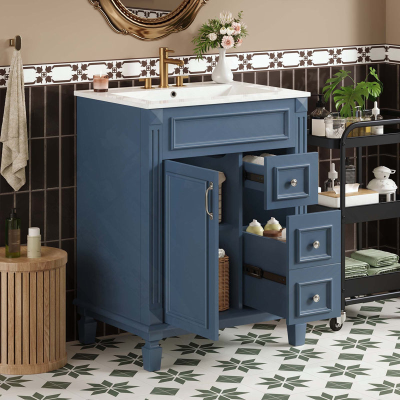 Meuble-lavabo de 24 po de style français avec lavabo en céramique, armoire de rangement avec 2 tiroirs et tablette réglable
