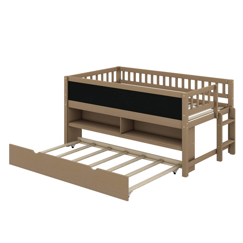 Lit mezzanine simple simple avec tablettes de rangement, tableau noir et lit gigogne, Noyer