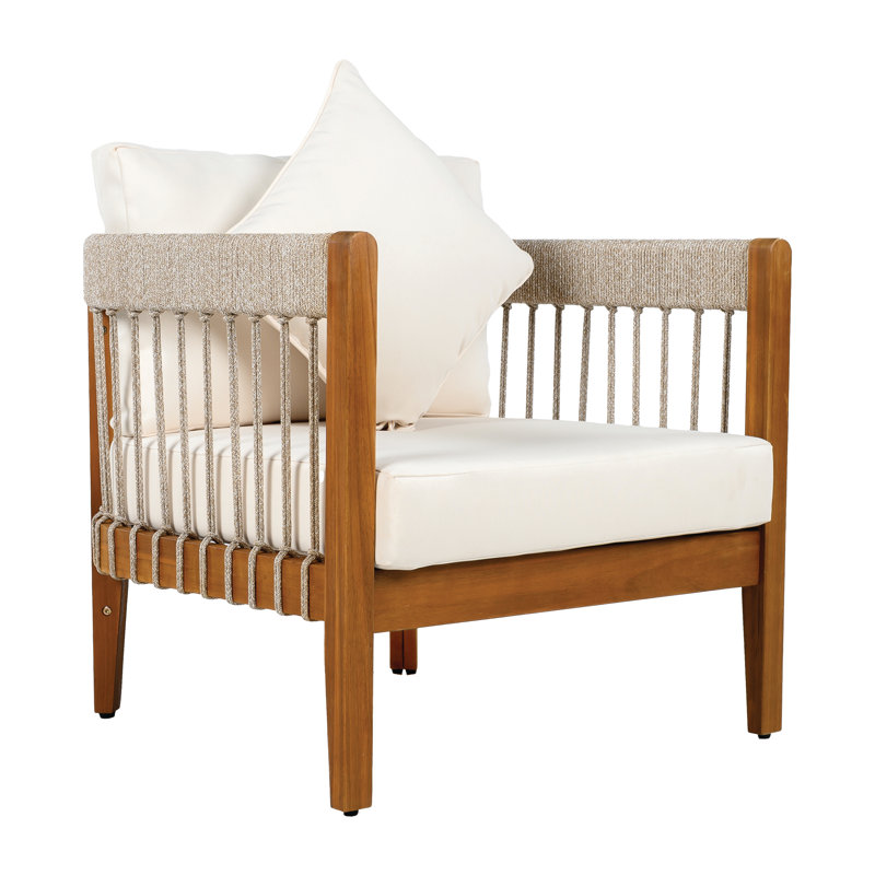 Masayushi Patio Acacia Wood Lounge Chair With Removable Cushions, Gray Rope/Natural Frame, Beige