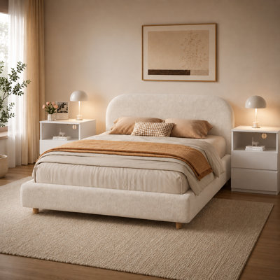 Ensemble de chambre à coucher 3 pièces, lit tapissier, tête de lit épaisse au design incurvé, ensemble de tables de chevet 2 avec tiroirs de rangement et tablettes ouvertes