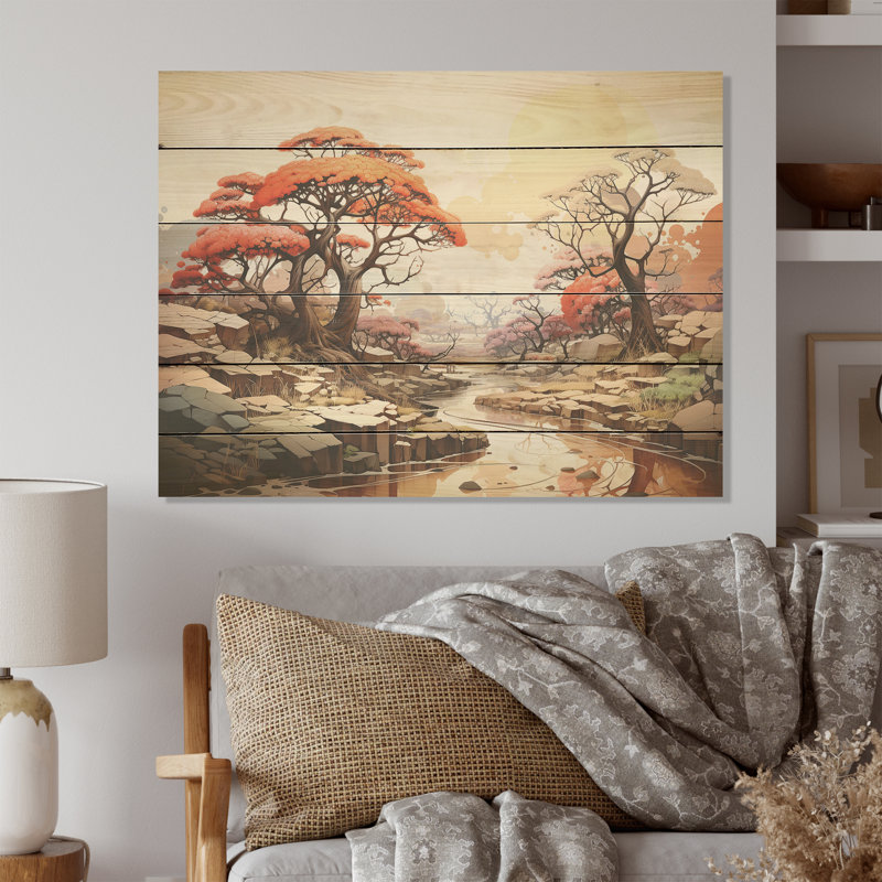 Paysage onirique de baobab I - Art baobab sur bois de pin naturel, H 10 po x l 20 po