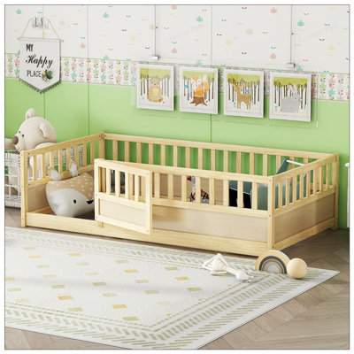 Twin Size Montessori Wooden Floor Bed with High Security Barrier and Door, Ideal for Children's Safe and Comfortable Sleep