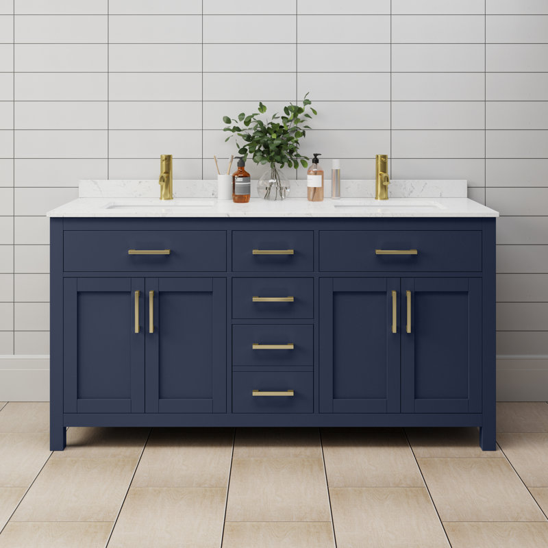 Beckett 66" Freestanding Double Bathroom Vanity with Cultured Marble Top, Dark Blue, Brushed Gold, Carrara Cultured Marble