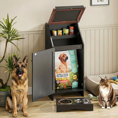 Dog Feeding Station With Storage, Dog Food Storage Cabinet With 2 Hidden Feeding Bowls, Flip-Top Pet Feeder Station
