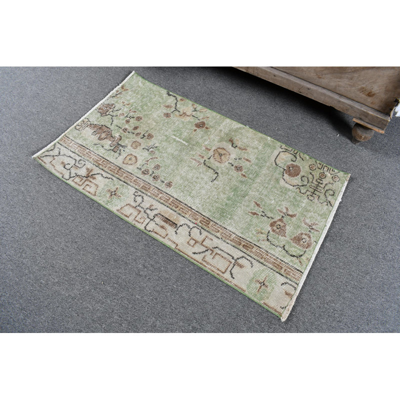 Tapis Oushak fait à la main: tapis floral turc rétro vert discret pour entrée rustique brun / vert