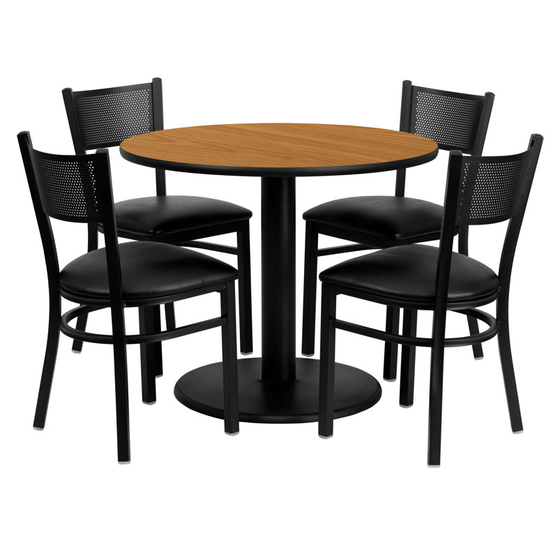 36" Round Natural Laminate Table Set with 4 Metal Chairs - Vinyl Seat