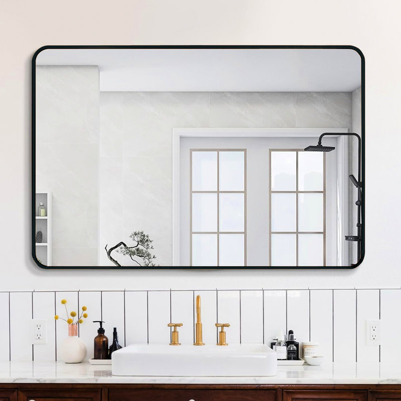 Miroir mural 30 po x 40 po avec cadre en métal noir pour salle de bain moderne - verre, alliage rouille, instructions d'installation