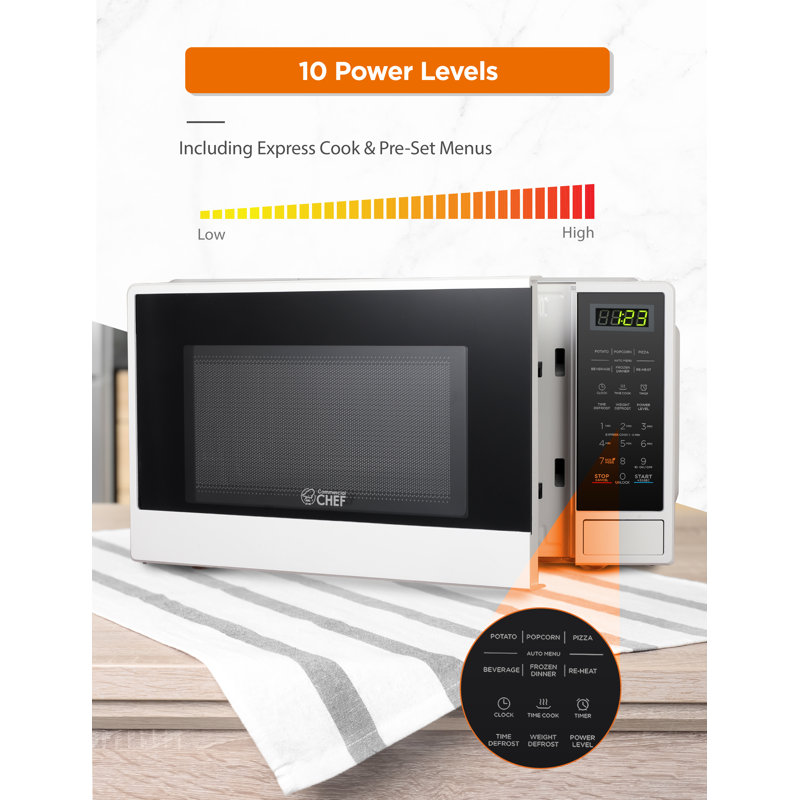 CHM Series COMMERCIAL CHEF 1.1 Cu Ft Microwave with 10 Power Levels, Small Microwave with Push Button, White