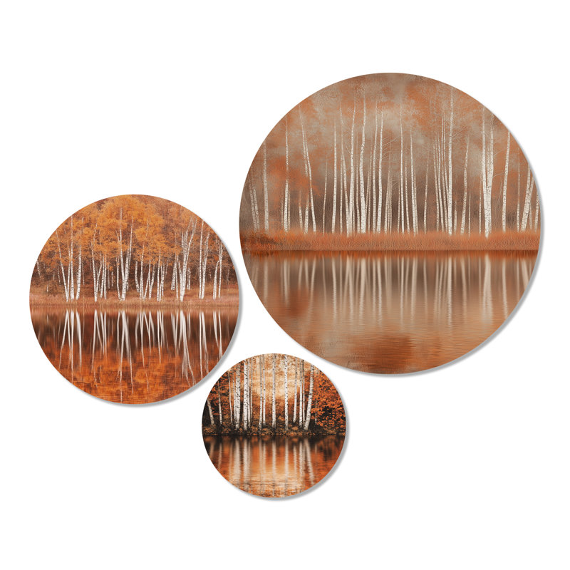«Birch Tree Lake in Autumn - Birch Trees», ensemble de 3 impressions murales en métal