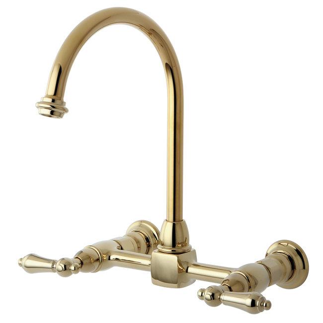 Heritage Double Handle Wall Mount Bridge Kitchen Faucet with Metal Lever Handles, Satin Nickel