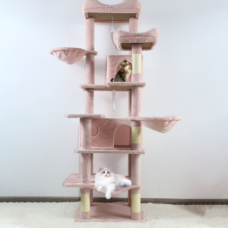 Arbre à chat à niveaux multiples de 68 pouces de hauteur rose avec 6 aires de jeu, coussins amovibles confortables, poteaux à griffes enveloppants relaxants pour chats