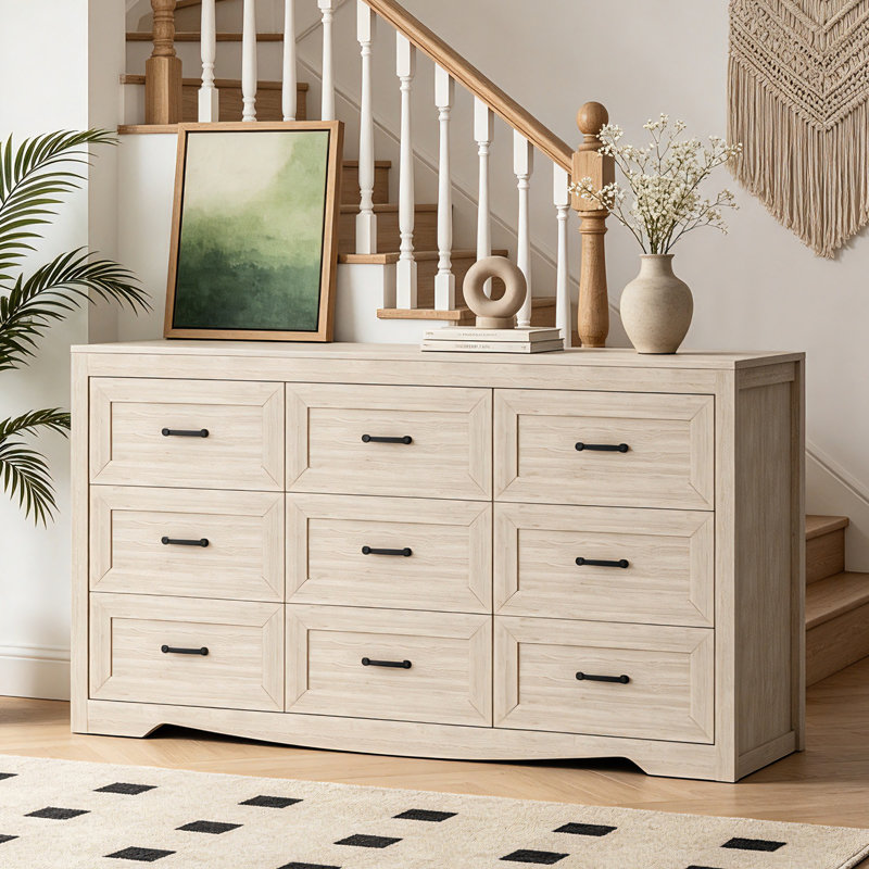 Commode à 9 tiroirs Farmhouse pour la chambre à coucher, commode de 59,84 po de largeur, rangement en bois