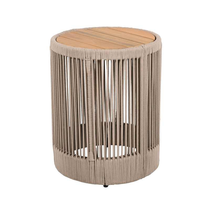 Table d'appoint d'extérieur en corde de rotin et bois d'acacia - Mobilier de balcon de patio pour jardin, cour, balcon, Beige