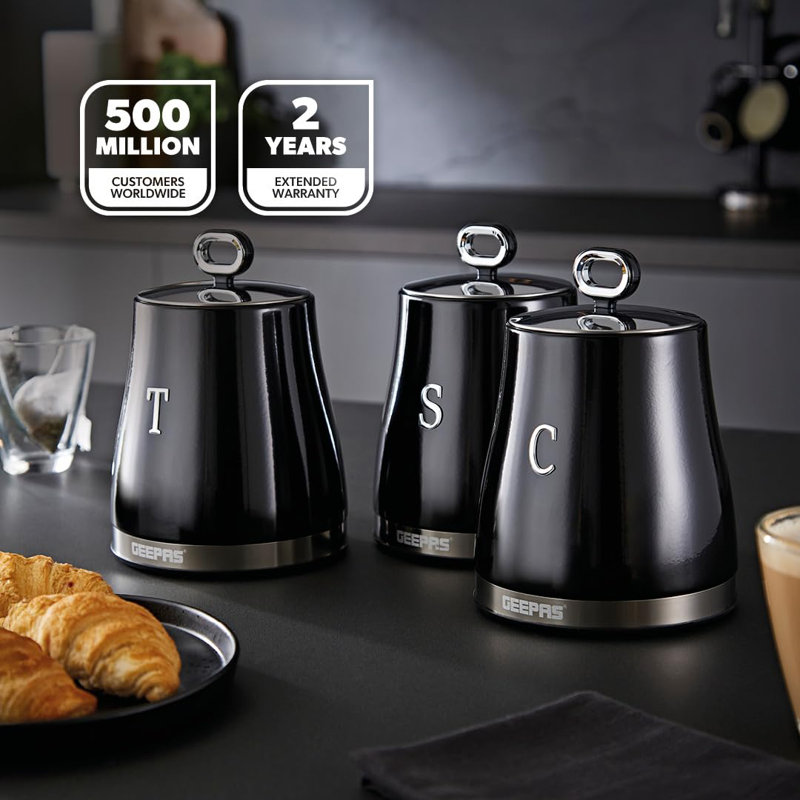 GEEPAS Retrovive 1.8L Electric Kettle, 4 Slice Bread Toaster, Set of 3 Tea Coffee Sugar Canister, Bread Bin, Mug Tree & Towel Pole Set of 8 PC Matching Kitchen Counter Storage Space Saver Set