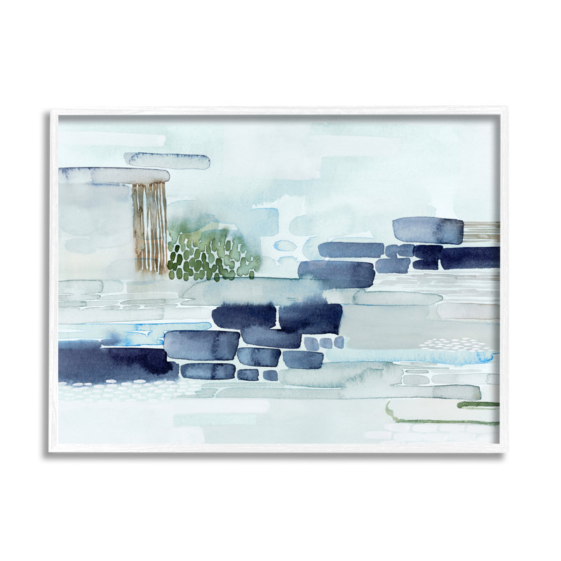Blocs modernes de paysage côtier abstrait moderne, H 11 po x l 14 po, Giclée encadrée blanc bord de mer