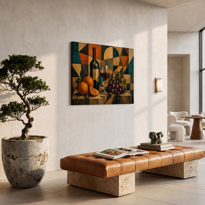 Reproduction sur toile d'une nature morte cubiste représentant une bouteille et des fruits - 20" x 30"