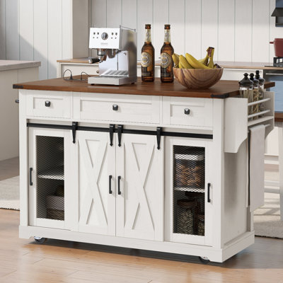 Lunara Kitchen Island with Drop Leaf, 4 Doors, 3 Drawers, and Adjustable Shelves
