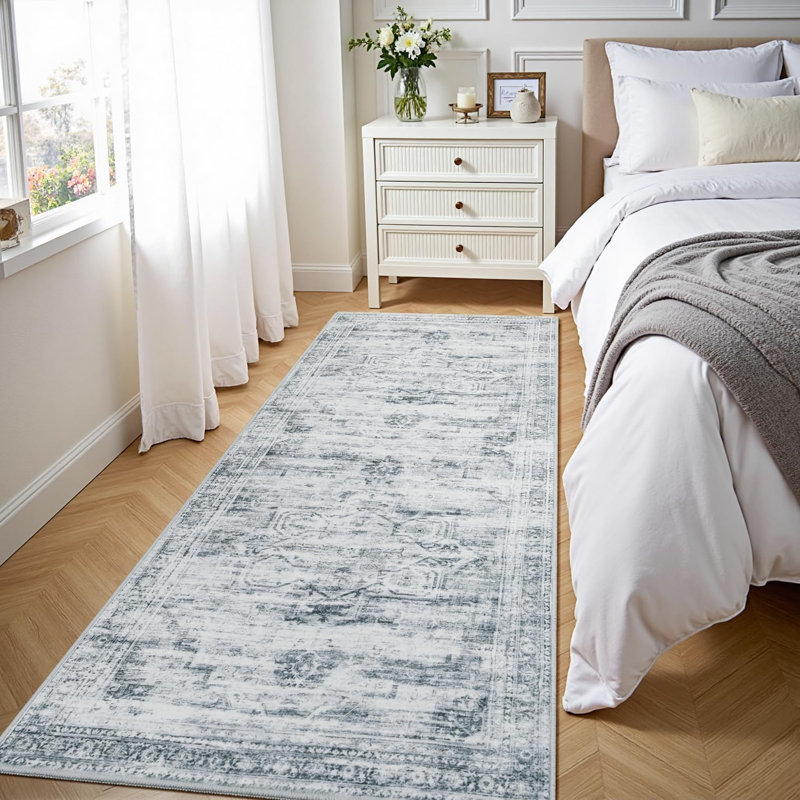 2'X6' Washable Neutral Vintage Distressed Aesthetic Runner Rug Grey, Gray