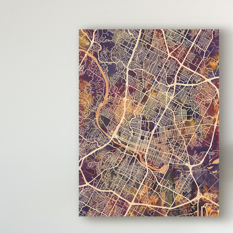 « austin texas city map ii », impression sur toile tendue, H 19 po x l 14 po x P 2 po