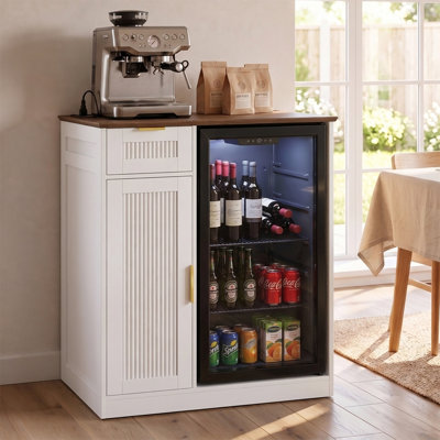 33.1" W Mini Fridge Cabinet with Power Outlet, Fluted Buffet Sideboard with Drawers, White