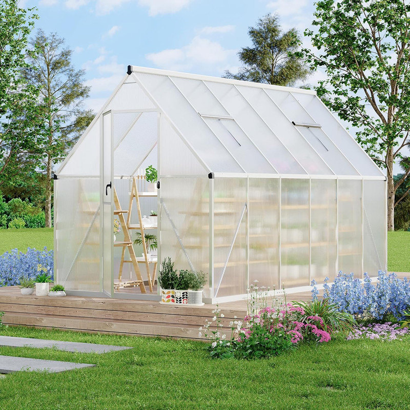 Serre en polycarbonate à structure en aluminium avec évent de toit, ensemble de jardin d'extérieur robuste, Argent argent