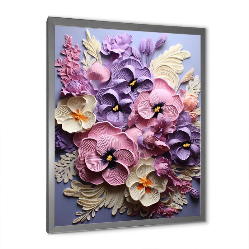 Pensées à l'aiguille - rose et mauve, Cadre simple argenté, H 40 po x l 30 po x P 1,5 po