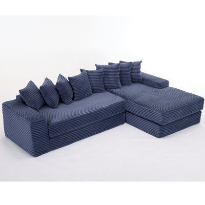 [New Arrival] Video-Showcased Oversize Cloud L-Shape 3-in-1 Convertible Sleeper Sofa with Eight Pillows & Magazine Bag - Right Facing, Blue Corduroy