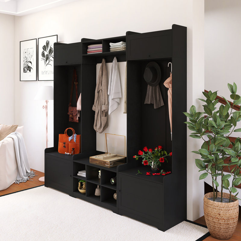 Arbre d'entrée 79,10 po avec 7 crochets à manteau, tablette réglable et rangement pour chaussures, Noir