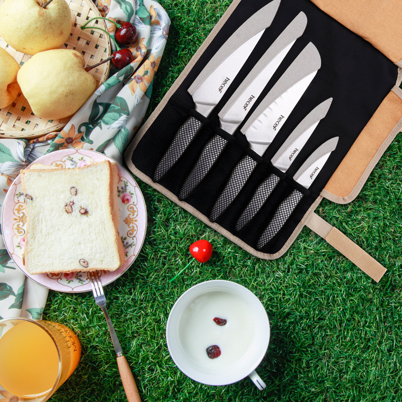 Ensemble de couteaux de cuisine portatifs 5 pièces Hecef, poignées creuses ergonomiques en acier inoxydable avec sac de rangement en tissu Oxford