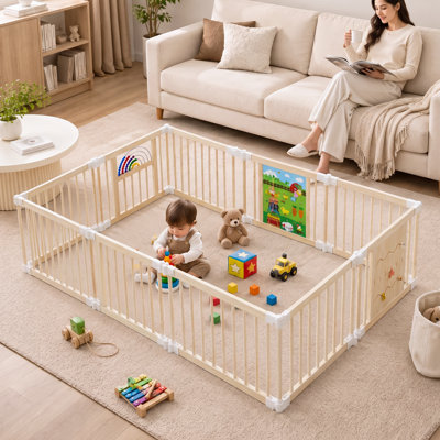 Grand parc pliable en bois - Barrière de sécurité pliable pour tout-petits, aire de jeu sécuritaire, centre d'activités pour enfants