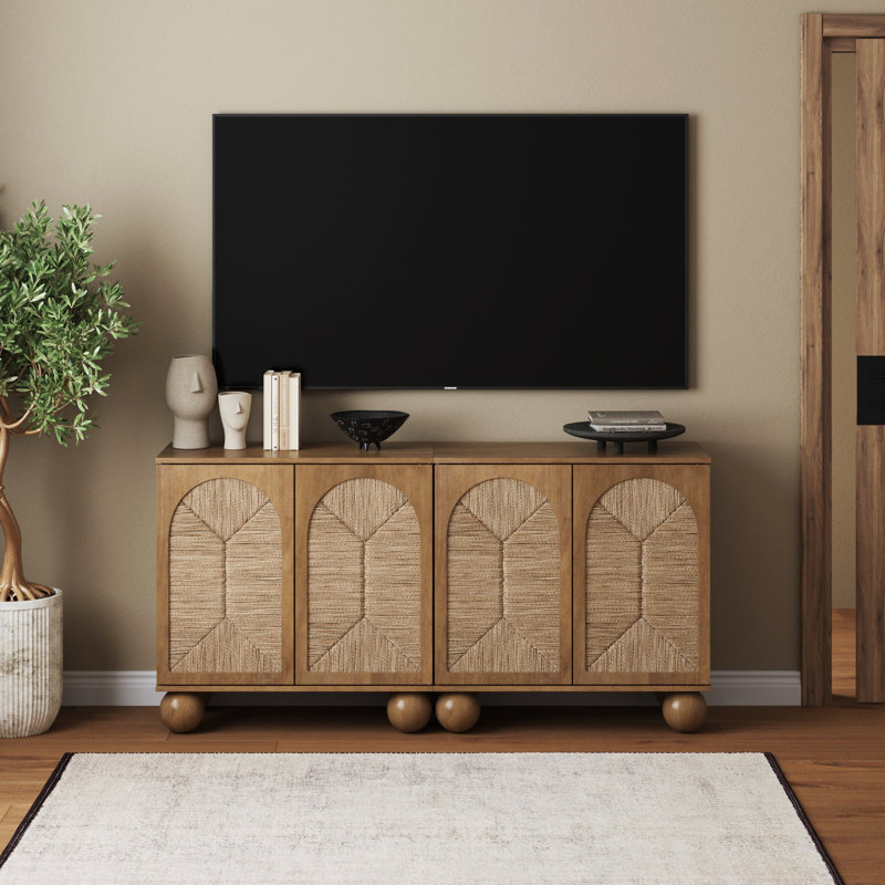 Coran Boho Storage Cabinet with Ball-Style Feet and Seagrass Door Panels, Natural