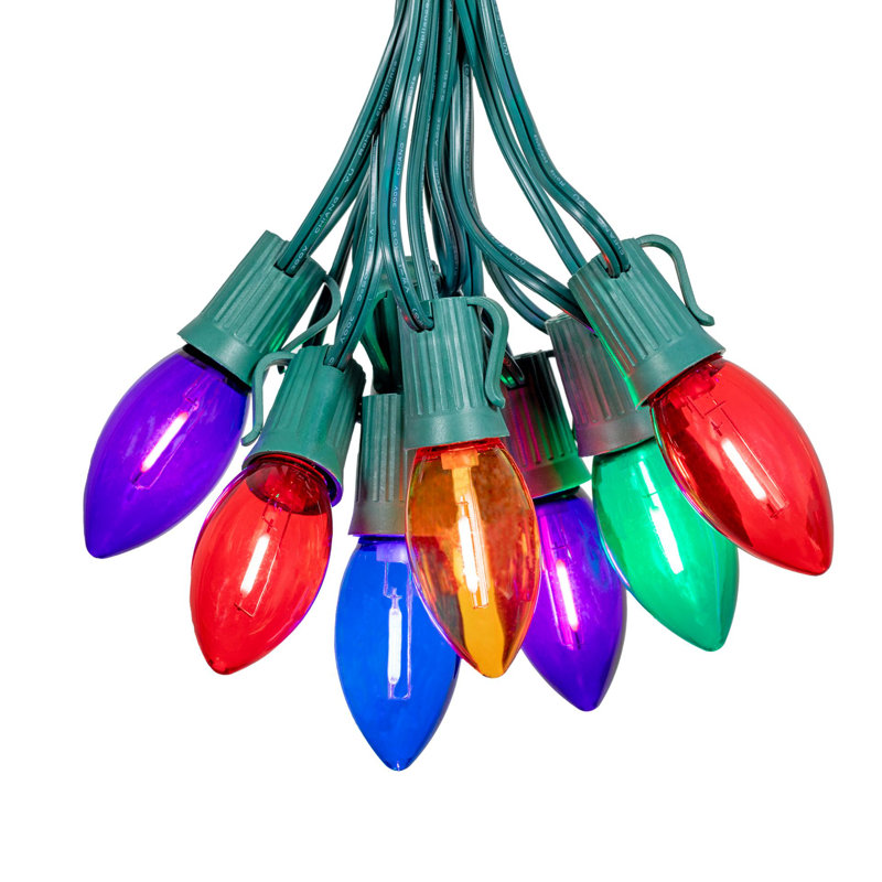  25 Feet LED C9 String Lights, Translucent Multicolor, 25 Bulbs with 12 Inch Spacing on Green Wire, Connect Up To 43 Strings Together, Shatterproof and Weather Resistant Removable Bulbs