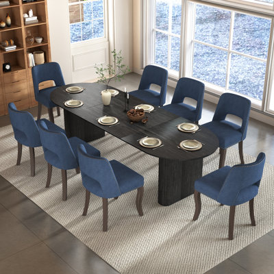 Ensemble de table de salle à manger extensible avec chaises 6/8 rembourrées, plateau en panneau de fibres à densité moyenne avec chaises en bois d'hévéa de style campagnard pour la cuisine, la salle à manger et le bureau