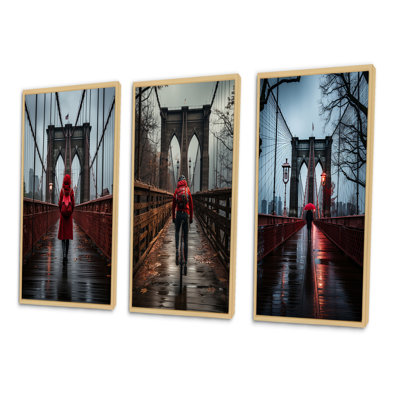 «Red Gray New York Brooklyn Bridge», 3 pièces sur toile