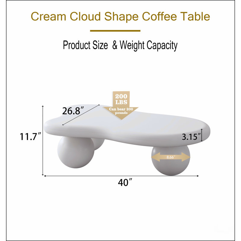 Table basse en forme de nuage avec 3 pieds sphériques, Blanc, H 13,78 po x l 47,2 po x P 31,5 po, Blanc, crème