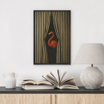 Surreal Flamingo Behind Striped Curtain Canvas Wall Art, Bold Whimsical Animal Framed Print for Eclectic Entryway or Living Room Decor