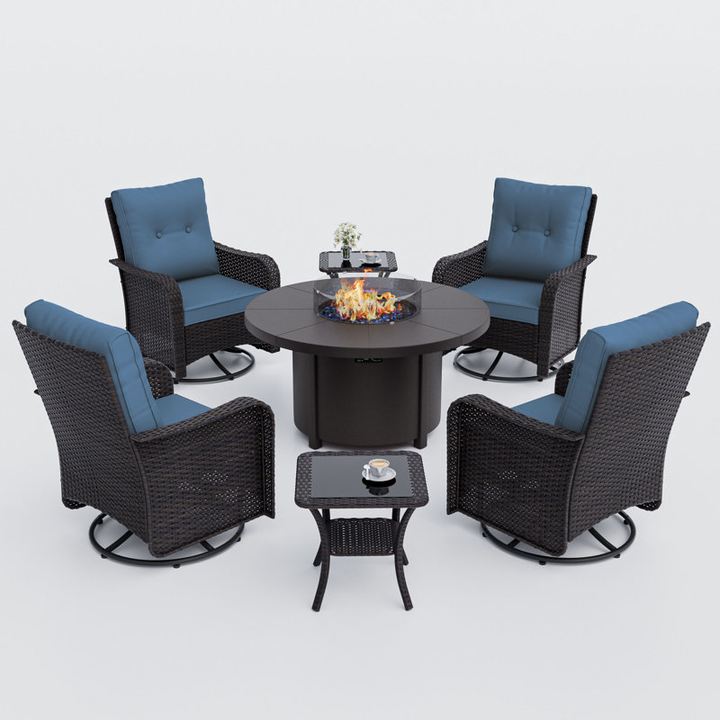 4 Person Outdoor Rocking Swivel Chair Set With Removable Cushions ,Coffee Table And Round Outdoor Fire Pit Table 40,000 BTU