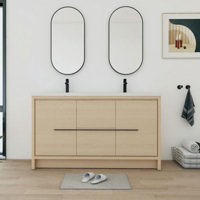60'' Freestanding Bathroom Vanity With 2 Resin Tops, 2 Doors And 2 Drawers