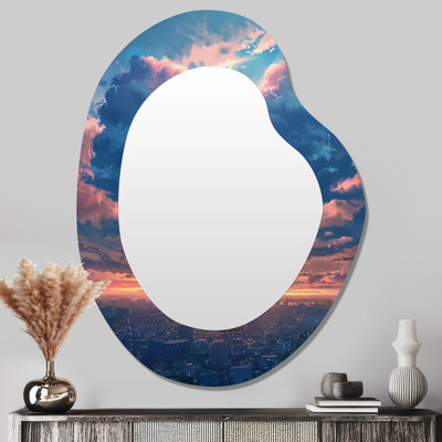 Nuage rose en forme de cœur, coucher de soleil urbain - bâtiments, miroir mural décoratif de forme unique, miroir industriel asymétrique, impression d'art