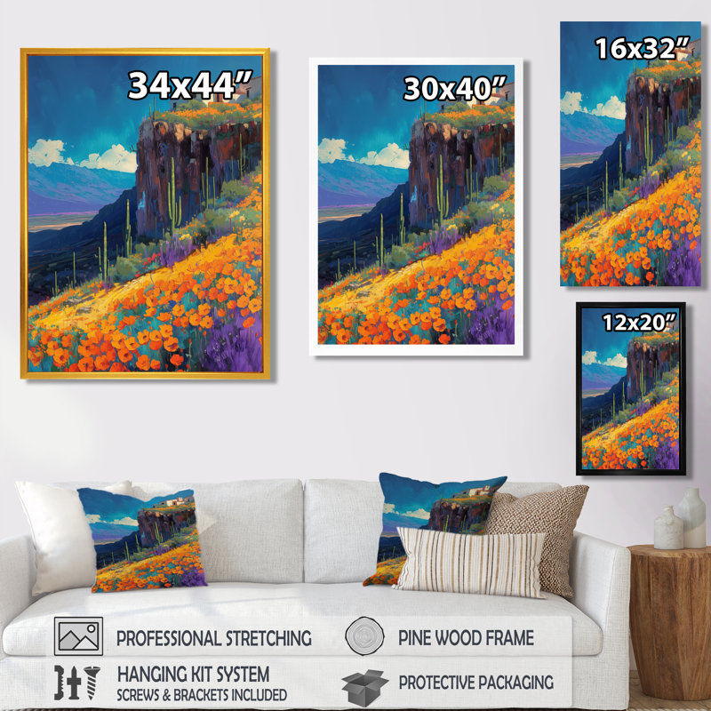 «Orange Blue Desert Cactus Landscape In Mexico III - Plants», reproduction d'art murale, Toile avec cadre flottant brun