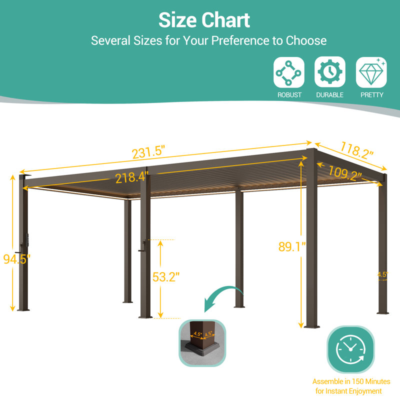 Metal Pergola with Louvered and Solar LED, 10 ft x 20 ft