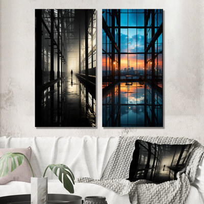 Paysage industriel saphir lever de soleil - ensemble de 2 reproductions d'art mural en métal