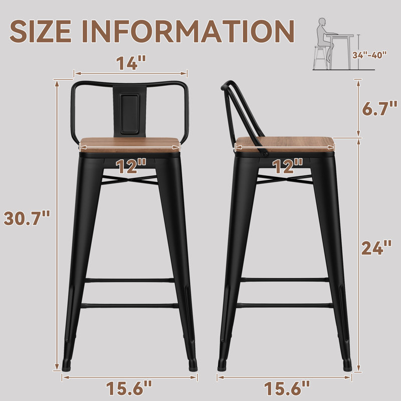 Comptoir et tabourets de bar en métal, Noir, Tabouret de comptoir (siège d'une hauteur de 24 p