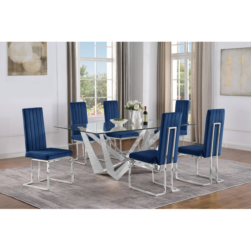 Ensemble de salle à manger Vineeth, 7, Bleu marin / Argent, Silver