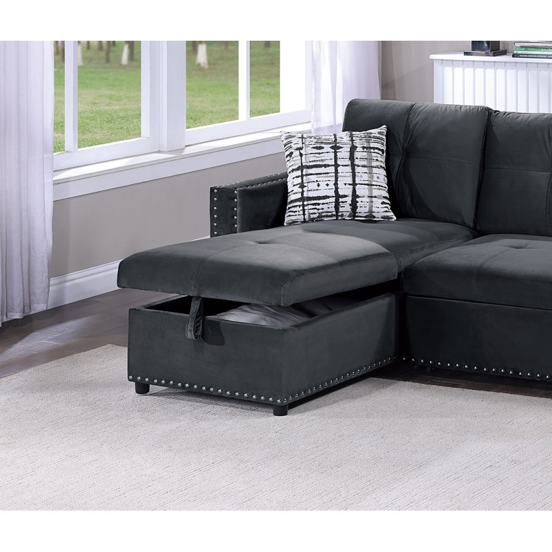 Canapé d'angle convertible en velours noir avec lit gigogne et méridienne de rangement, 2 pièces