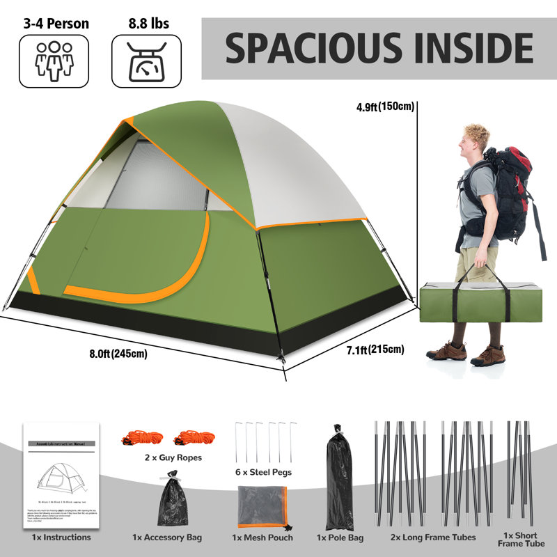 Tente de camping pour 4 personnes, tente de camping facile à installer, Vert