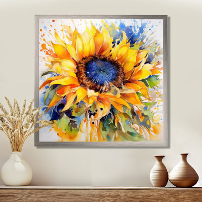 Jaune, bleu, doré, tournesols joyeux - art mural floral
